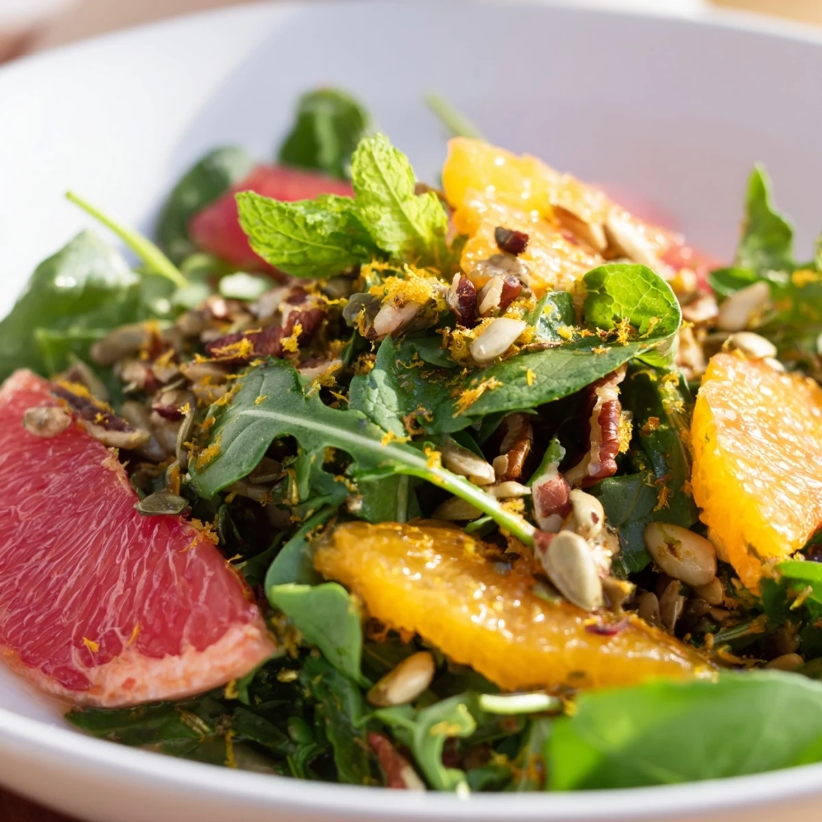 Spicy and sweet Spiced Citrus Greens plated alongside a chilled glass of white wine, perfect for a refreshing vegetarian dinner side.