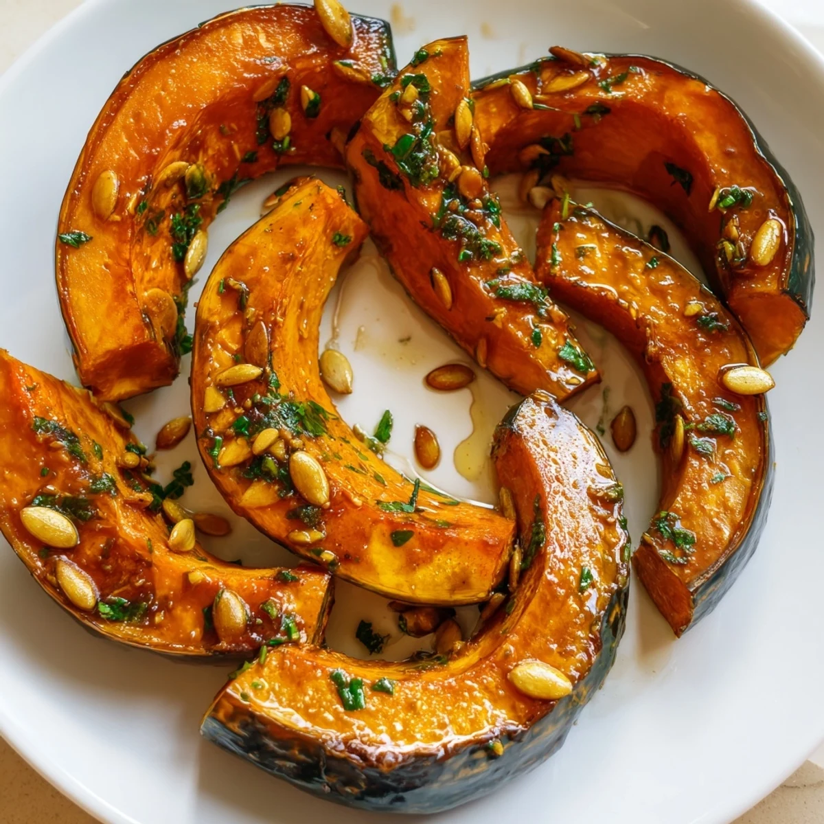 Freshly roasted Emerald Maple Squash wedges glisten with a sweet glaze, topped with vibrant green herbs and crunchy pepitas.