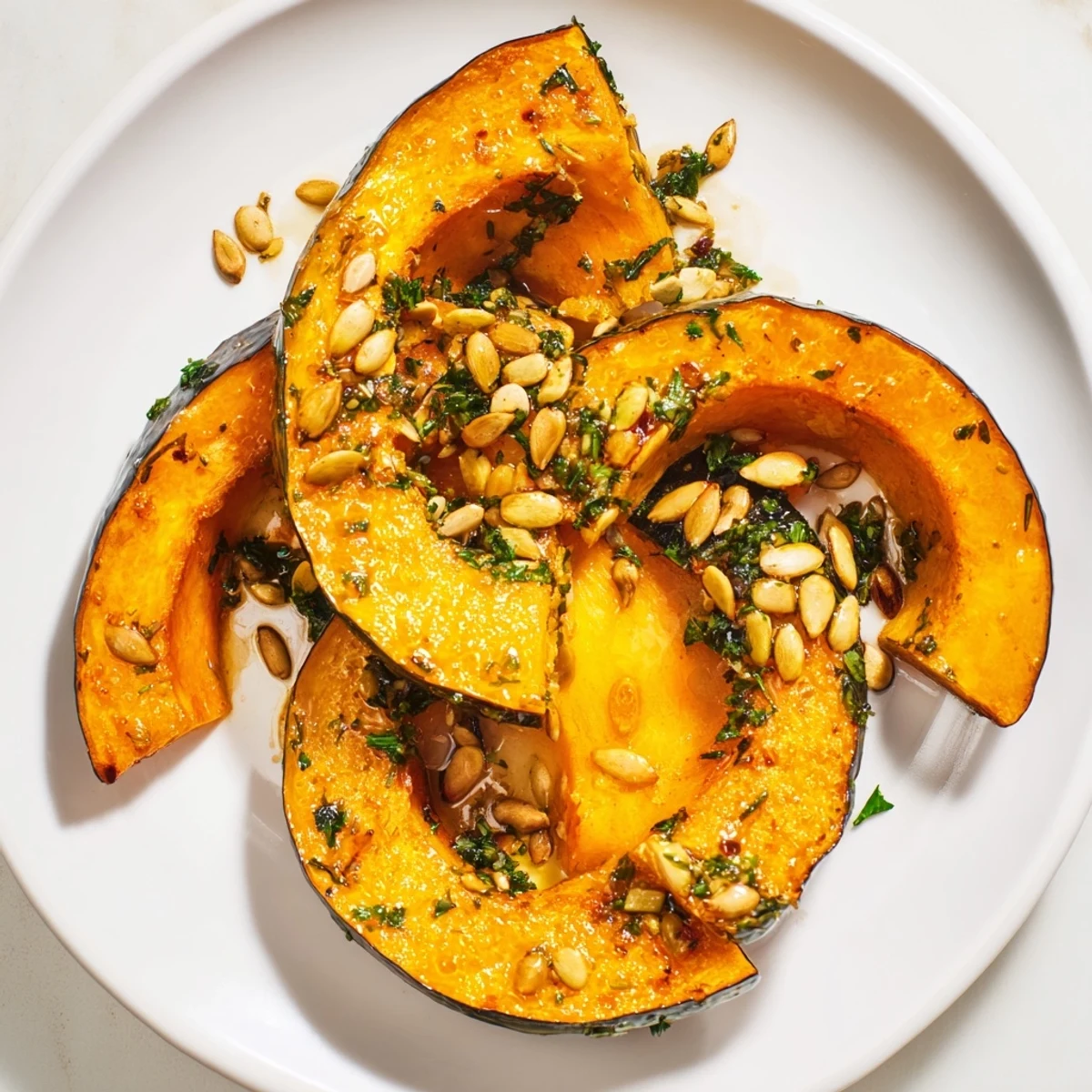 Savory kabocha squash roasted to caramelized perfection, drizzled with maple glaze and sprinkled with fresh mint and chives.