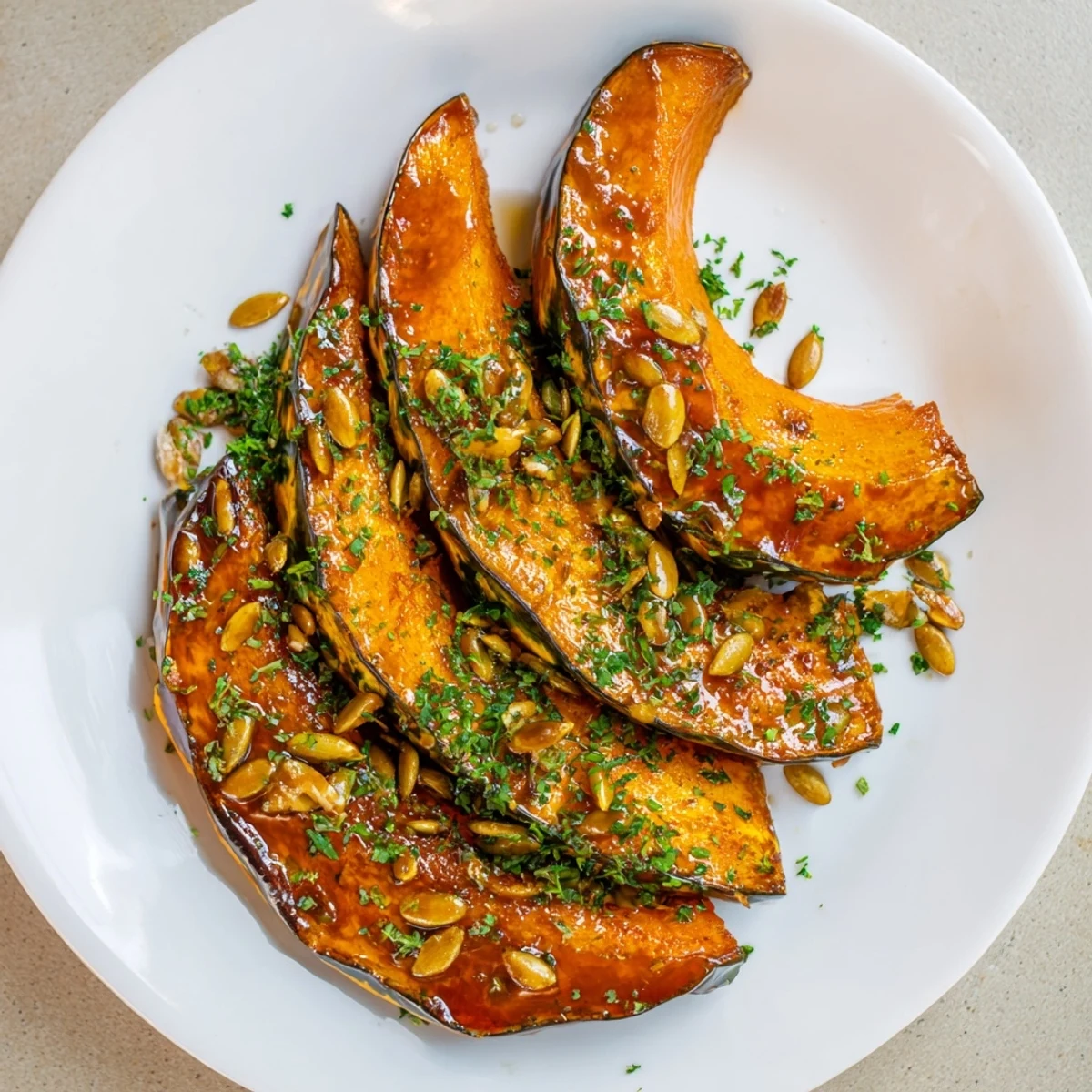 Emerald Maple Squash served on a rustic platter, garnished with herbs and pumpkin seeds, perfect for autumn dinners.