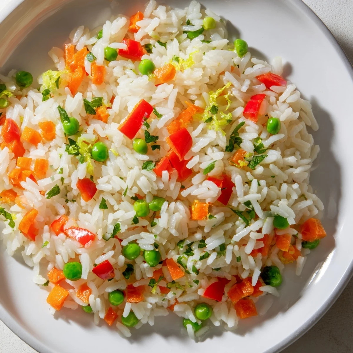 A skillet of freshly cooked Bright Warm Rice mixed with crisp vegetables, finished with lemon zest and herbs, steaming and ready to serve.