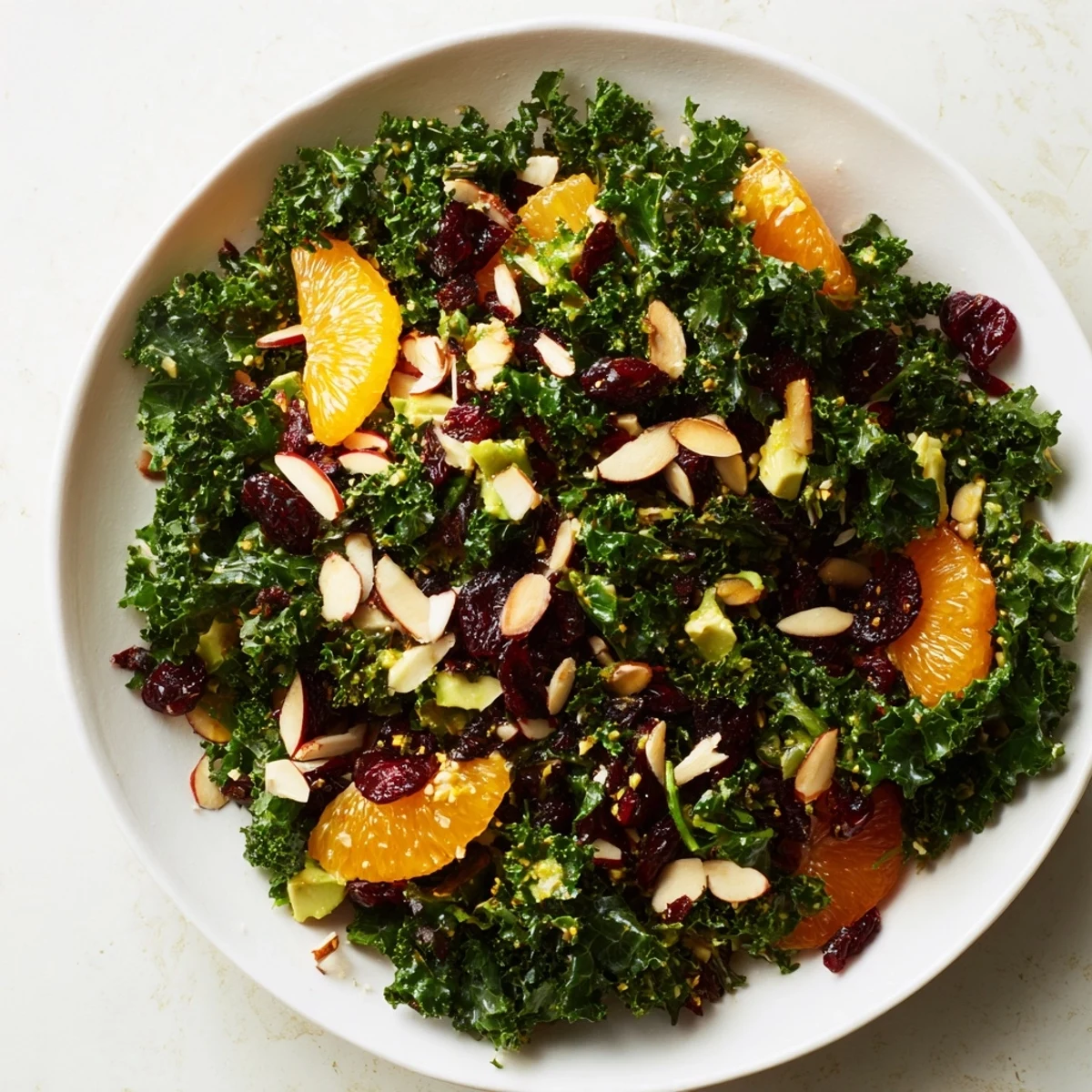 This vibrant Citrus Kale salad is served in a white bowl, ready for a healthy vegan lunch or light side dish.