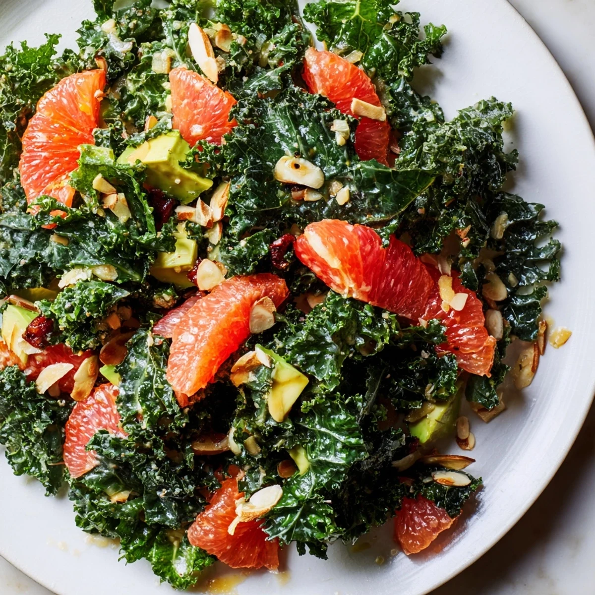 Bright orange and grapefruit slices glisten on tender kale, garnished with almonds and cranberries for a refreshing, gluten-free salad.