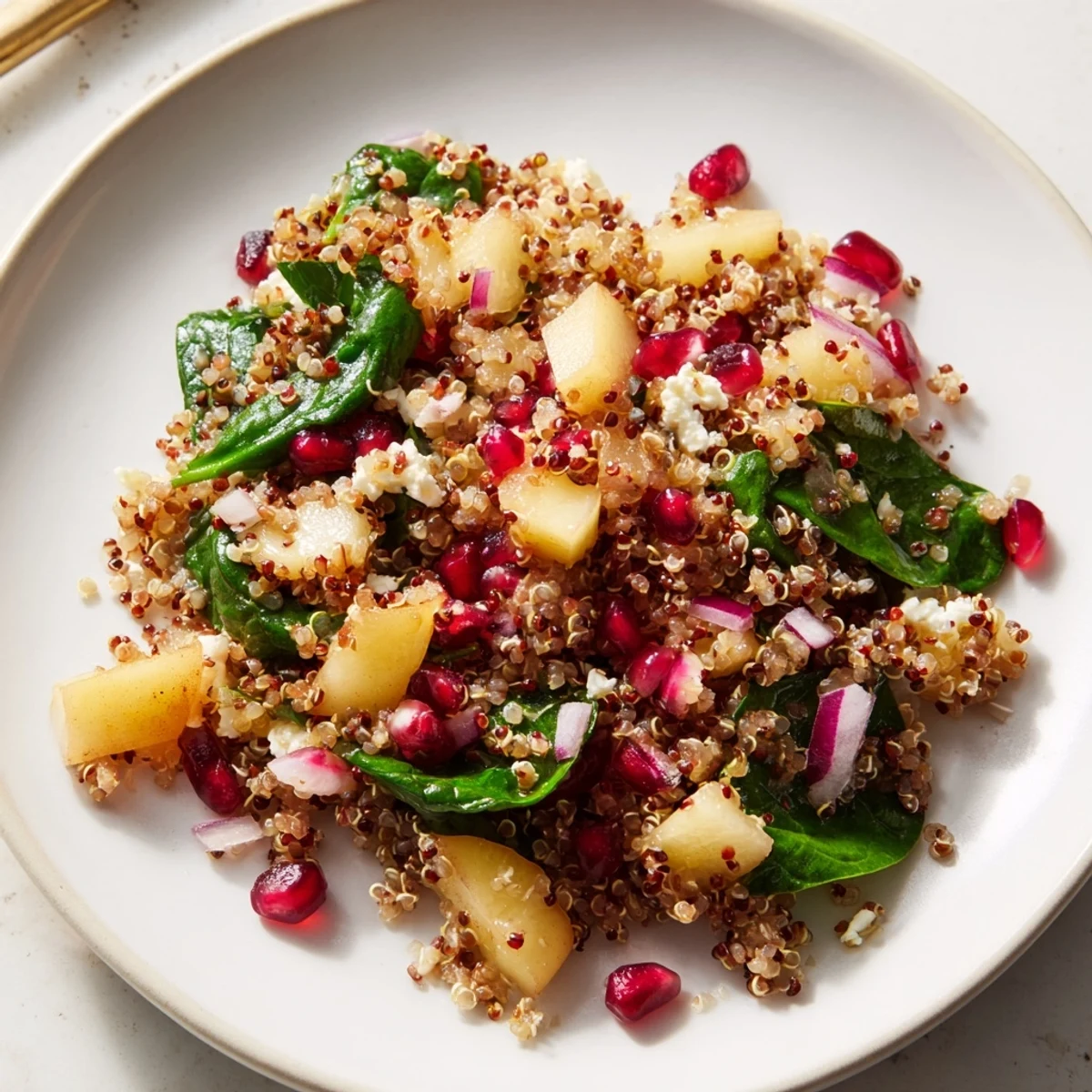 Light and healthy Pear Quinoa salad served as a side or lunch, with fresh ingredients arranged on a white plate.