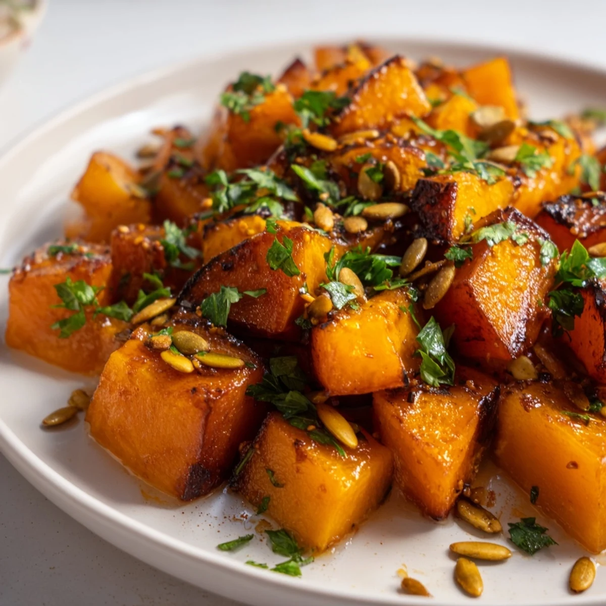 Brightly lit, freshly baked Ginger Maple Squash in a serving dish, showcasing the glossy glaze and crisp edges for a gluten-free vegetarian meal.