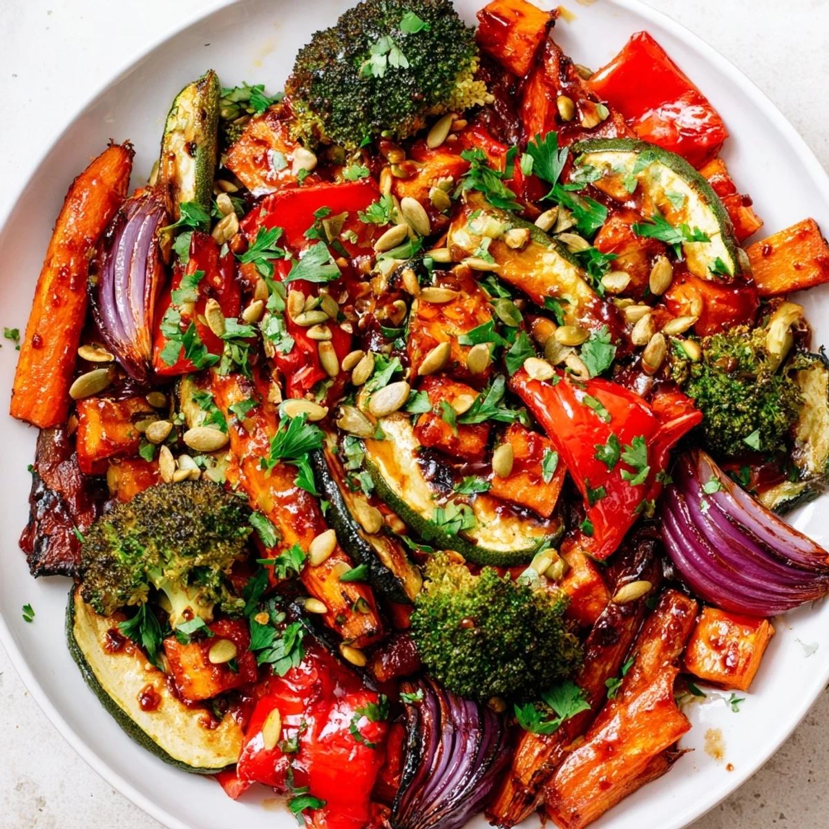 Golden charred vegetables, including bell peppers and carrots, glisten with a sweet maple glaze on a rustic platter, ready to serve as a vibrant side dish.  