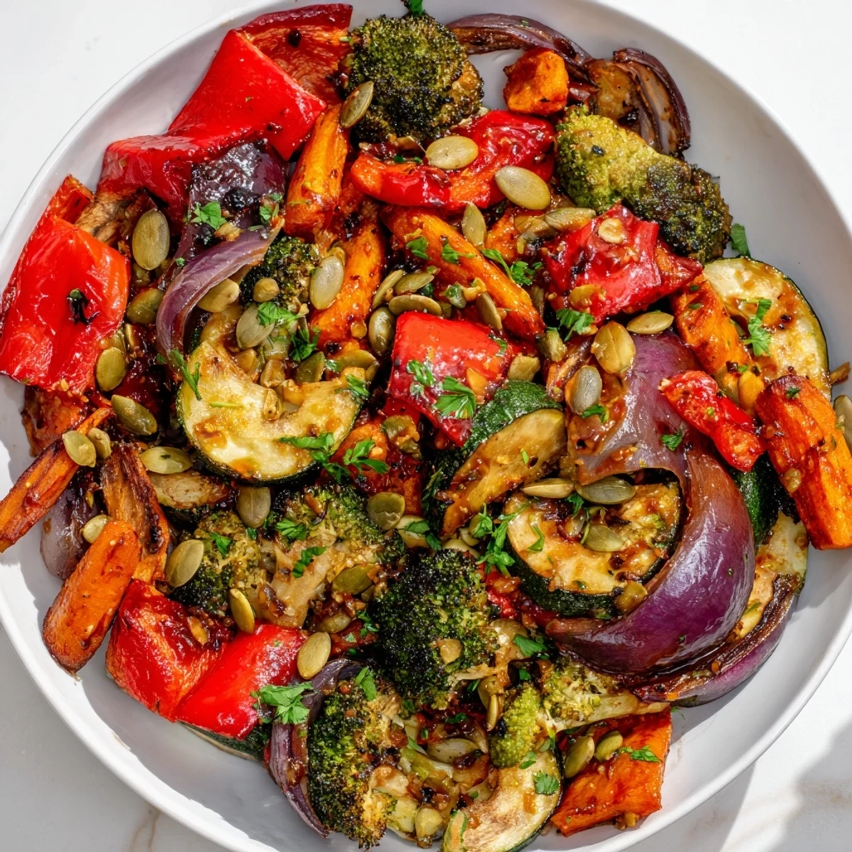 Roasted Maple Charred Veg medley featuring smoky, caramelized zucchini, broccoli, and red onion, tossed in a savory maple sauce for an easy vegan dinner.  