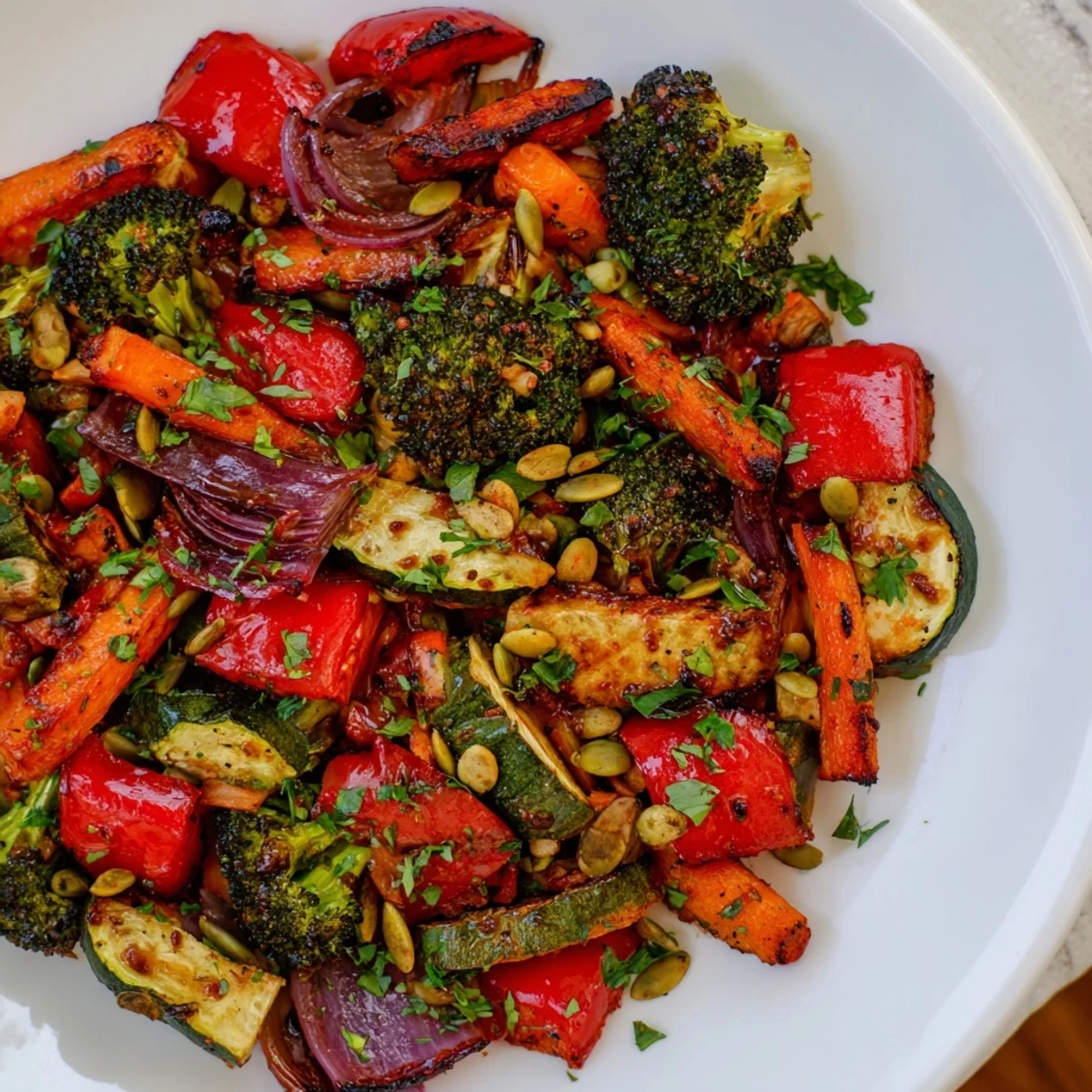 A close-up of Maple Charred Veg with toasted pumpkin seeds and fresh parsley, highlighting the deep, crispy edges of the oven-roasted seasonal vegetables.