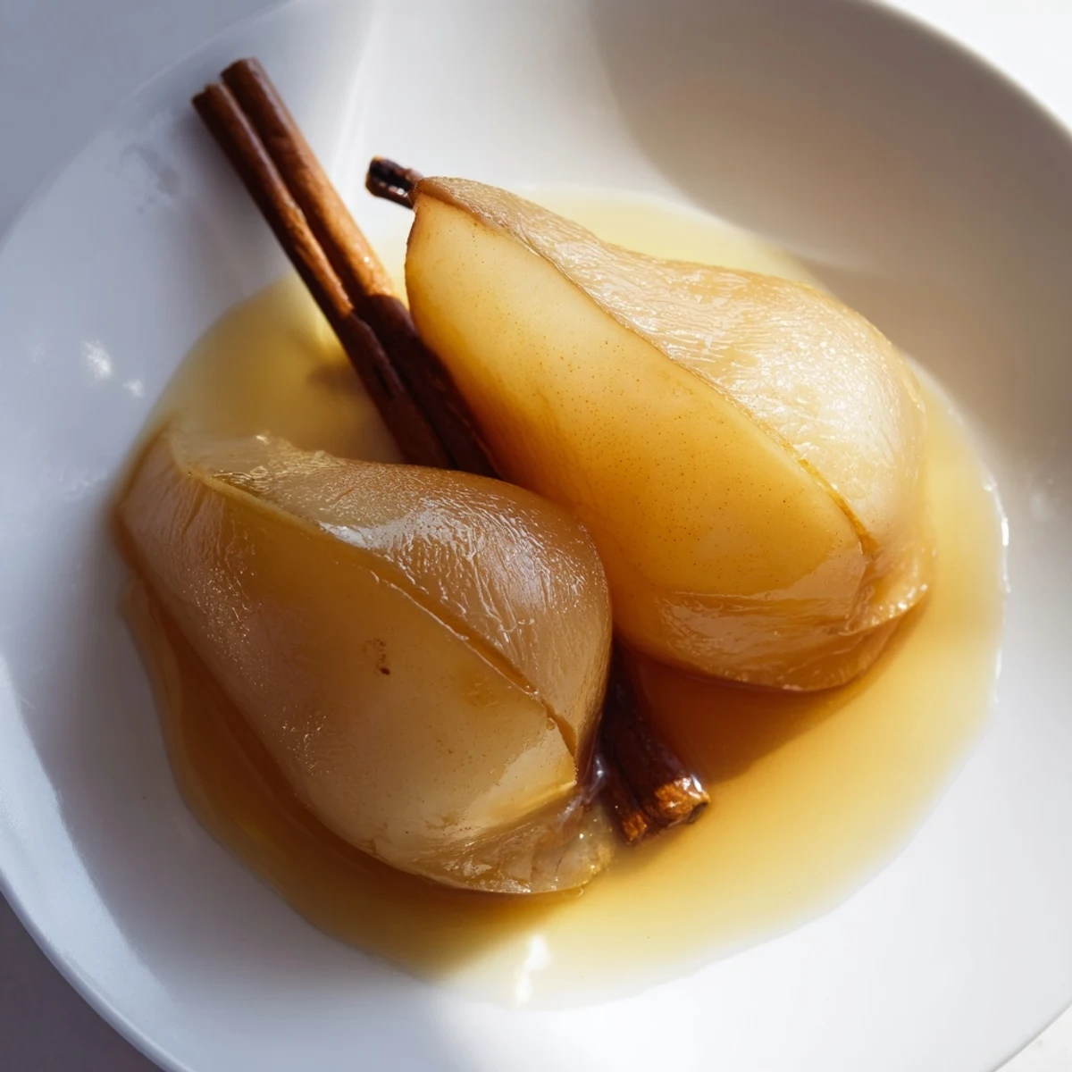 Glistening pear halves poached with fresh root ginger in a warm, fragrant syrup for a light dessert.  