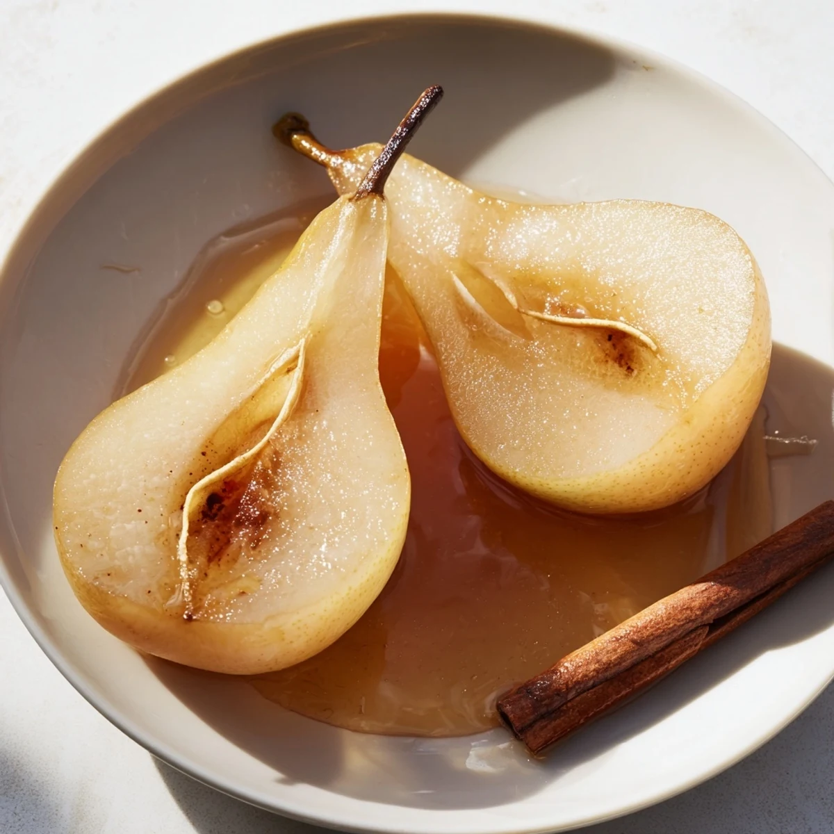 Served in a shallow bowl, Root Ginger Pear with a cinnamon stick and star anise.  