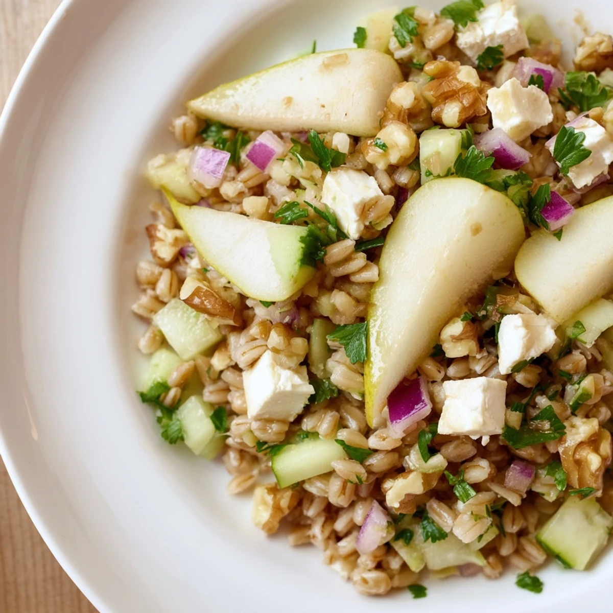 This beautiful Pear Savory Grain Salad features tender grains, crisp vegetables, and a tantalizing dressing.