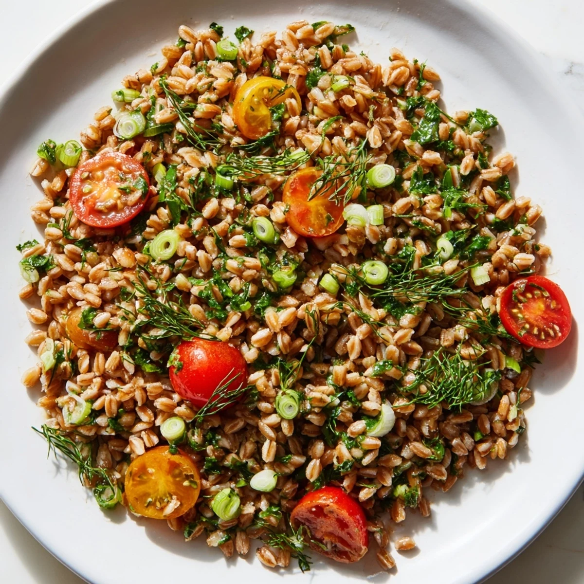 Herbed Farro salad, a vibrant mix of grains and herbs, ready to enjoy as a light meal.
