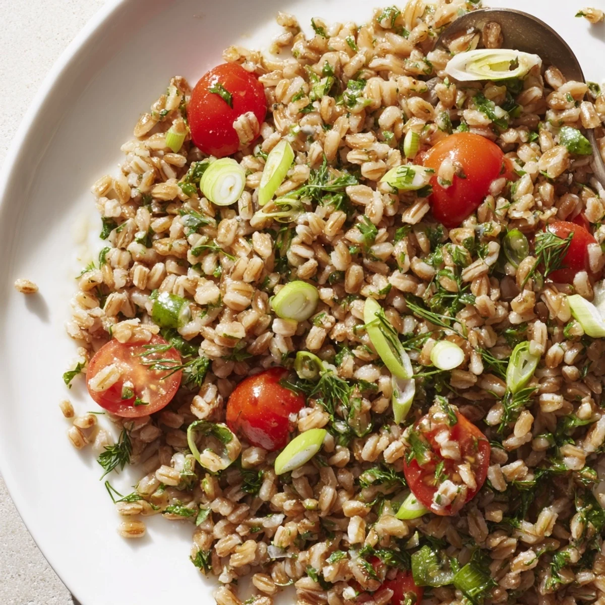 Tossed Herbed Farro side dish, showing fresh herbs mingling with tender, cooked grains and tomatoes.