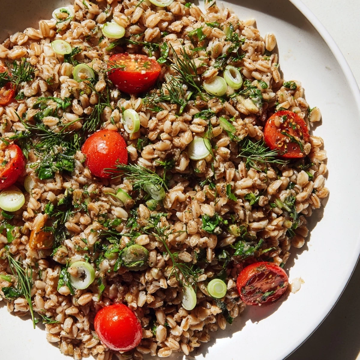 Close-up of the flavorful Herbed Farro, dressed and ready to serve, bursting with fresh Mediterranean flavors.