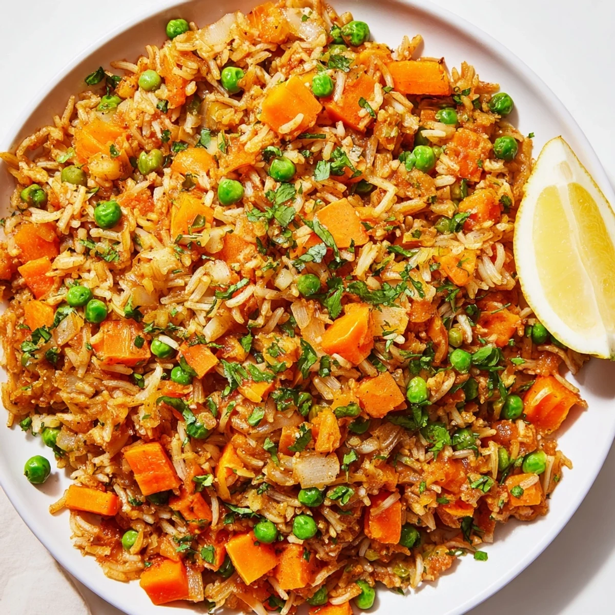A close-up of fluffy Spiced Savory Grain, ready to be garnished with fresh herbs and lemon.