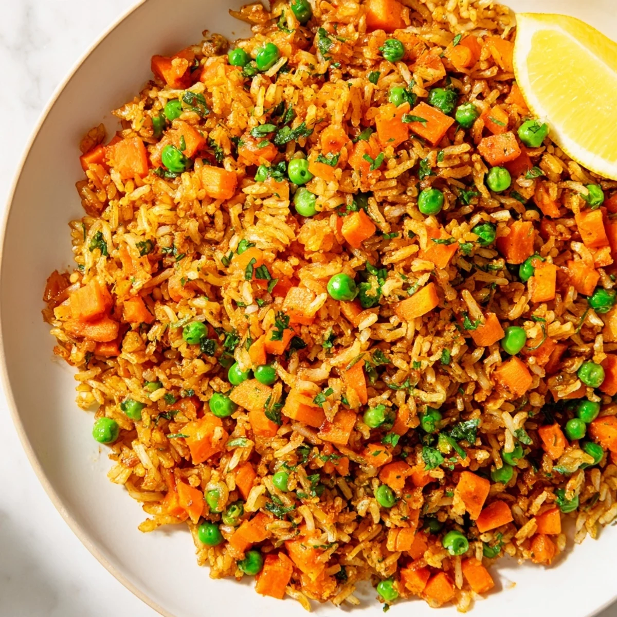 Hearty Spiced Savory Grain recipe bursting with flavor from spices, served with a bright lemon wedge.