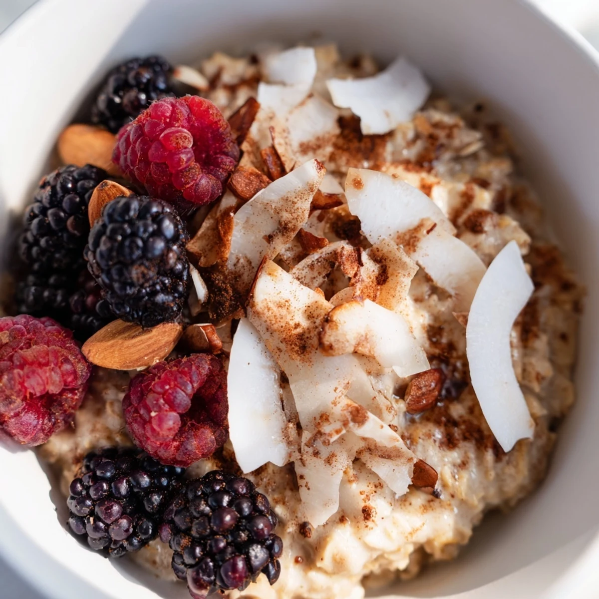 Steaming bowl of homemade charred chai oatmeal with a drizzle of maple syrup and vibrant berries, perfect for a cozy morning meal.