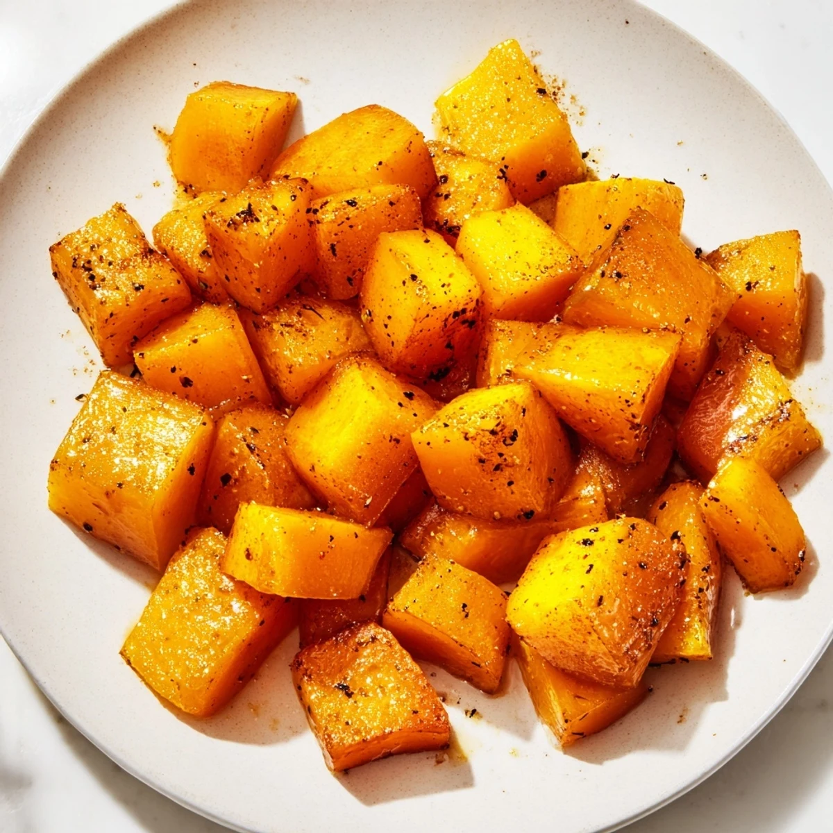 Golden cubes of Roasted Maple Squash glisten with caramelized glaze, fresh from the oven and ready to serve.  