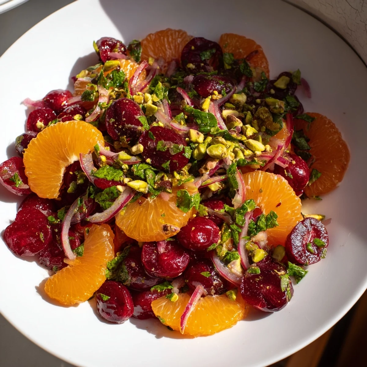 Bright closeup of a finished Citrus Cranberry Herb Salad, garnished with pistachios, ready to eat.
