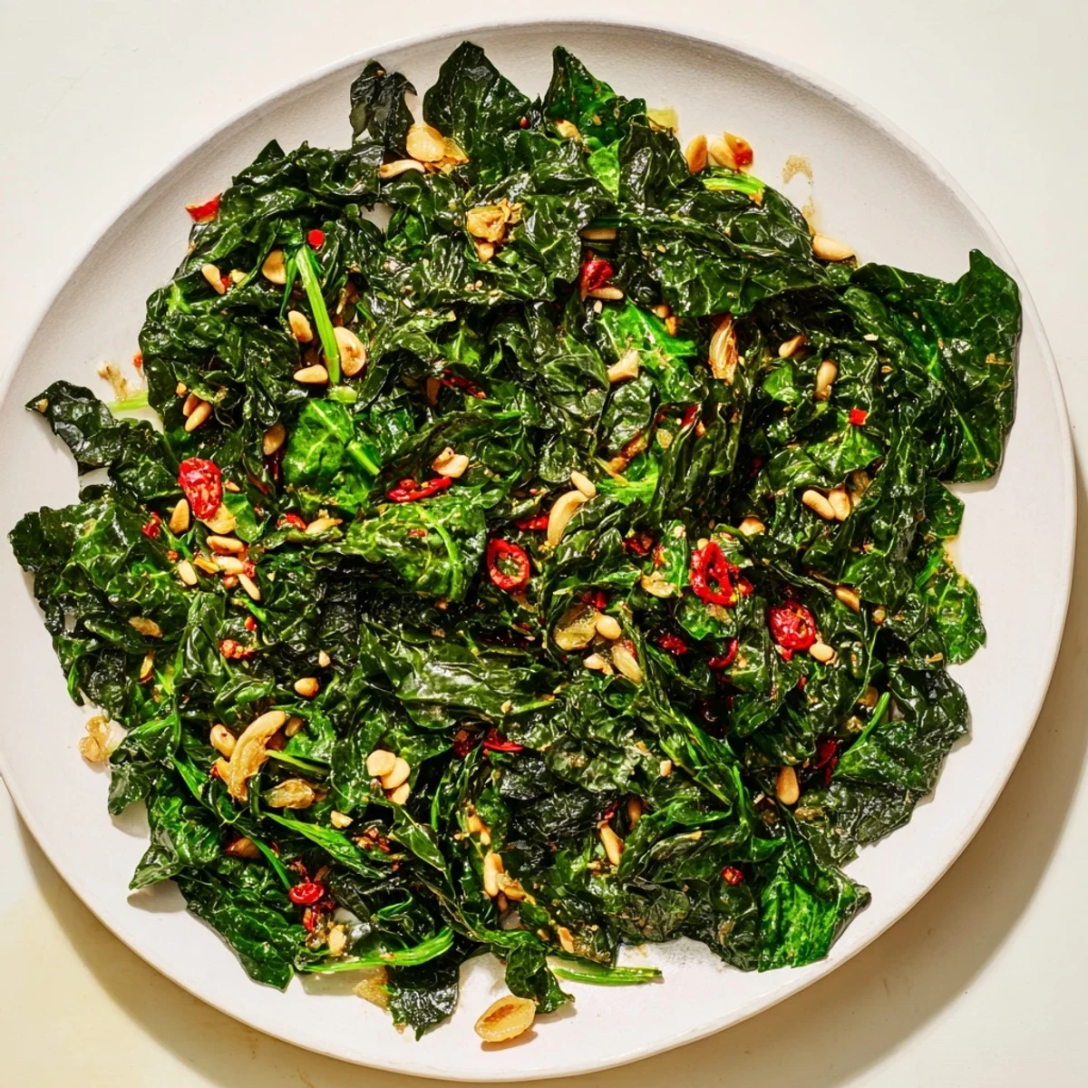 Bright Winter Greens sautéed with garlic and chili, finished with fresh lemon zest and toasted pine nuts for crunch.