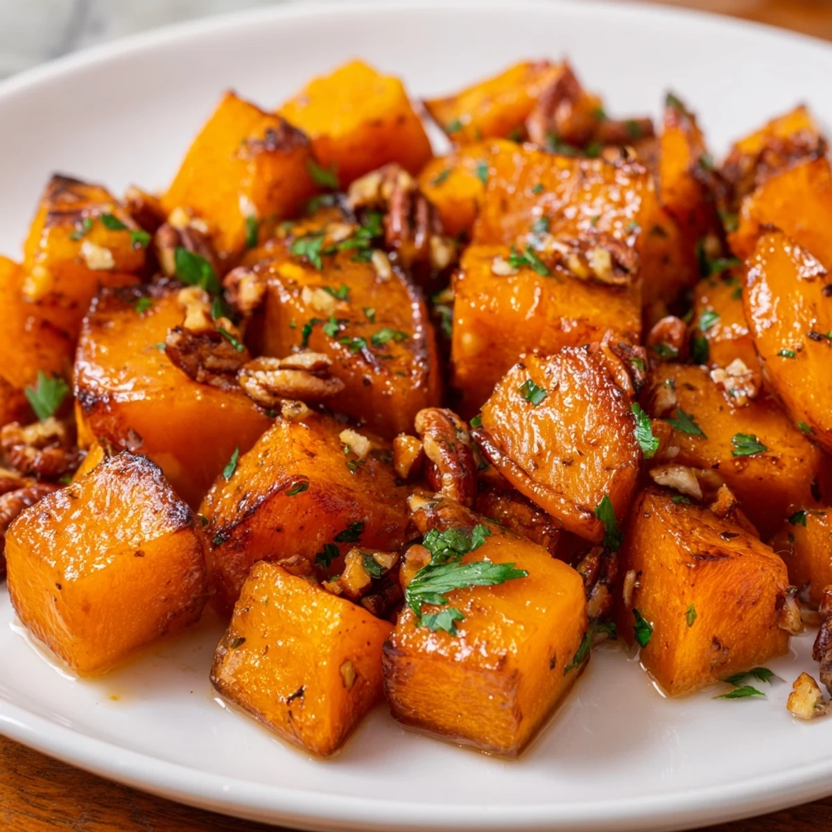 Golden-brown Harvest Maple Squash cubes glisten with a sweet maple glaze on a rustic baking sheet, garnished with toasted pecans.  