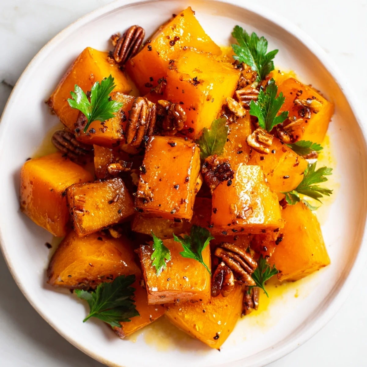 A close-up of roasted Harvest Maple Squash reveals caramelized edges and fresh parsley, ready to serve as a warm autumn side.  