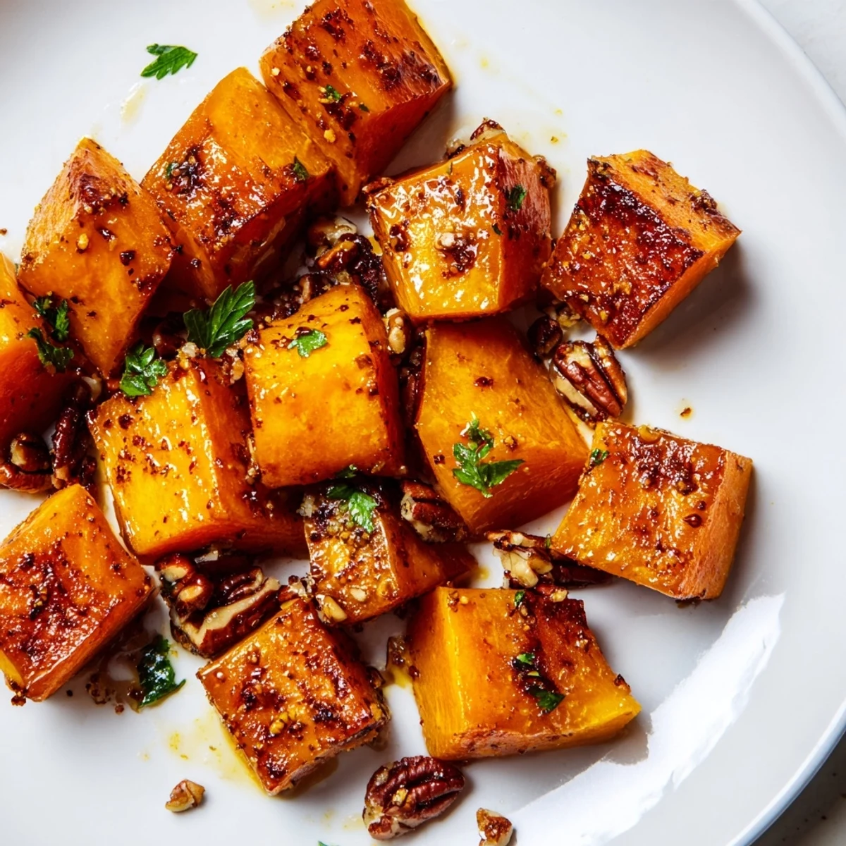 Savory Harvest Maple Squash with a glossy maple butter glaze, paired with roasted chicken on a festive holiday dinner table.