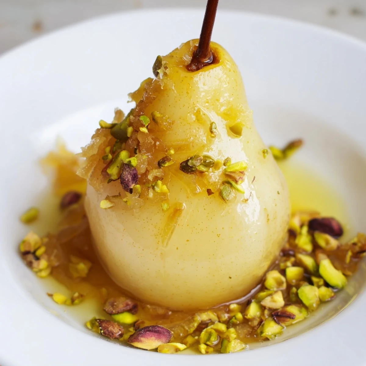 Tender pear halves poached in a spiced ginger syrup, drizzled over vanilla ice cream in a white bowl.  