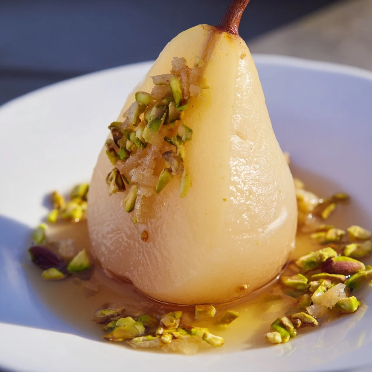 Close-up of candied ginger and fresh ginger slices beside warm poached pears glistening in fragrant syrup.  