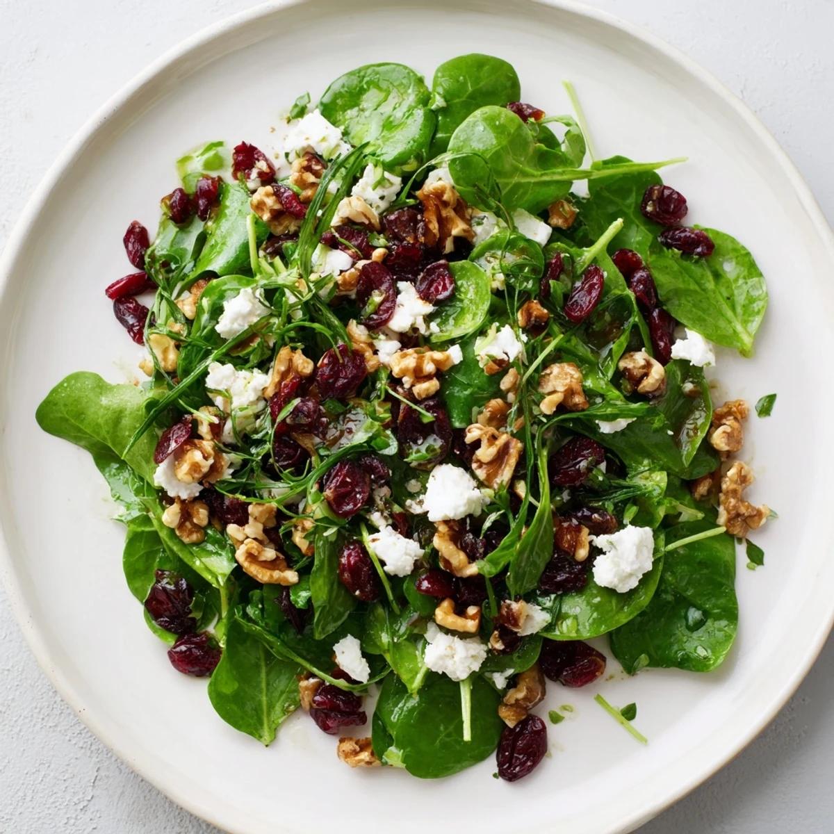 Fresh Emerald Cranberry Herb salad with baby spinach, tart cranberries, and toasted walnuts in a white bowl.  