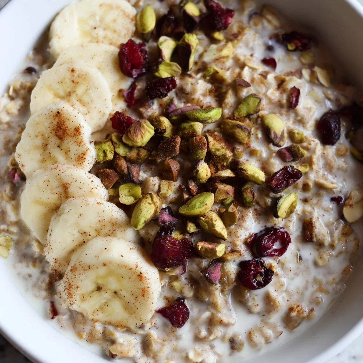 A warm bowl of Bright Chai Oat topped with fresh berries and chopped pistachios, steaming gently in morning light.