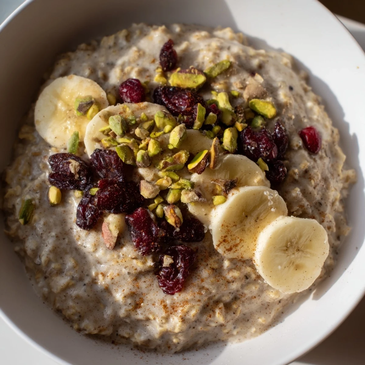Creamy Bright Chai Oat in a rustic bowl, garnished with banana slices and dried cranberries for a cozy breakfast.