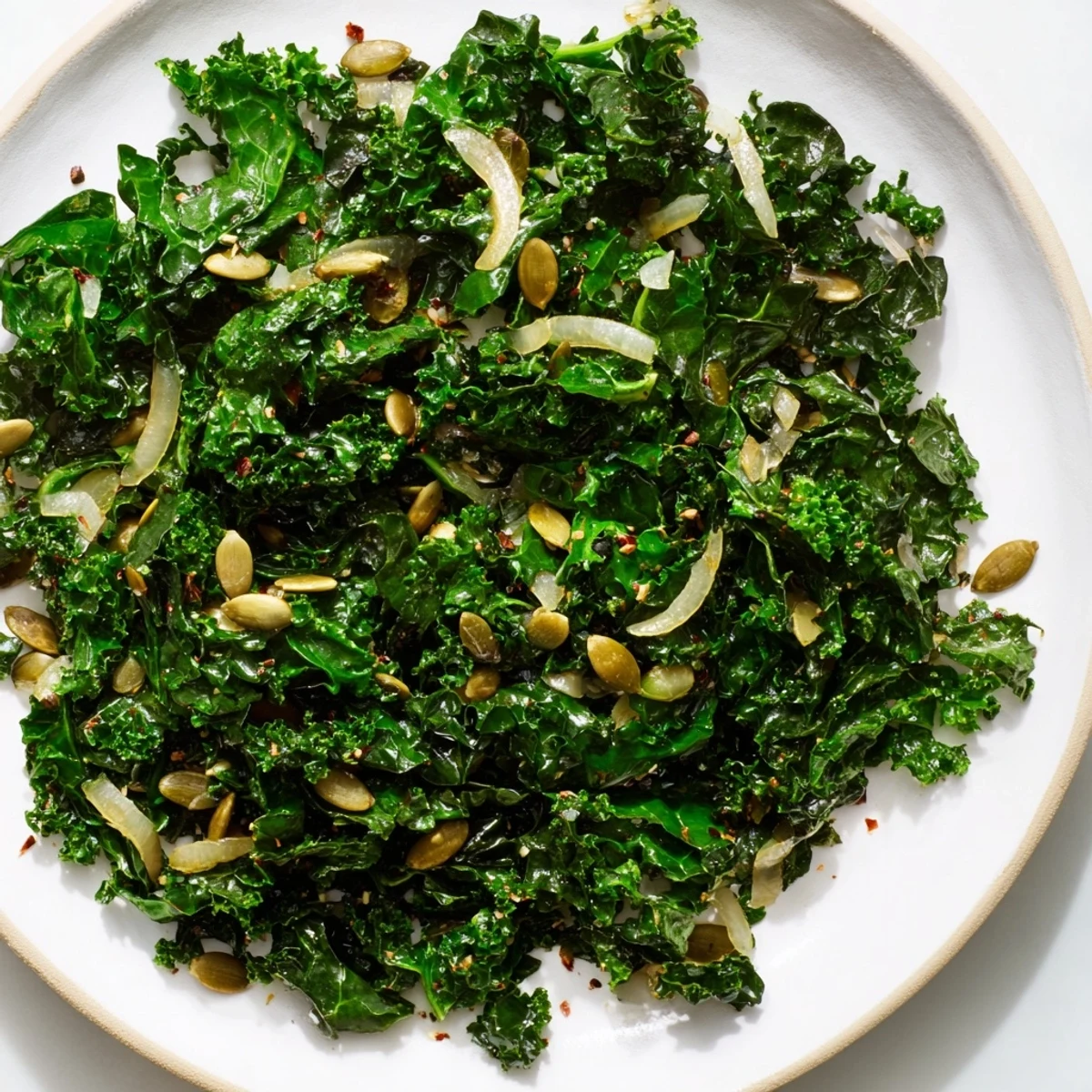 Wilted Spiced Kale tossed with olive oil and lemon, finished with crunchy pumpkin seeds for texture.