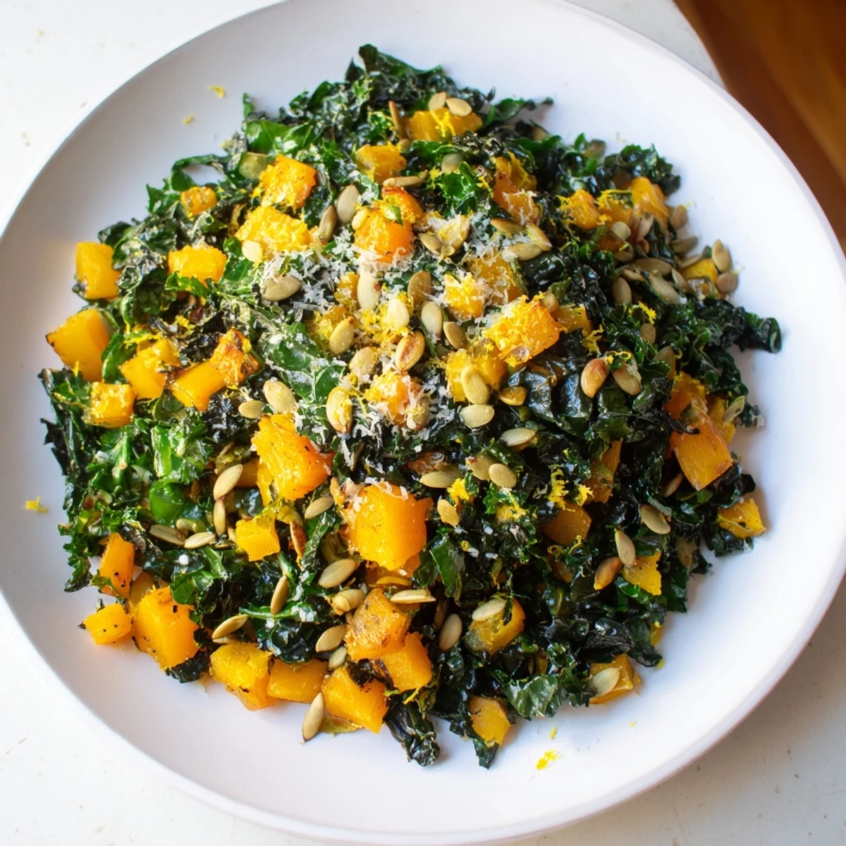 A close-up of Golden Winter Greens, featuring golden roasted butternut squash nestled among sautéed kale and Swiss chard, garnished with toasted pumpkin seeds.  