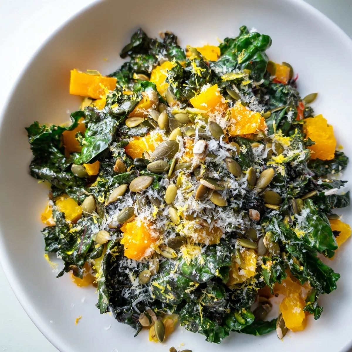 Sautéed kale and Swiss chard in Golden Winter Greens, tossed with tender roasted squash and fresh lemon zest, served on a rustic white platter.  