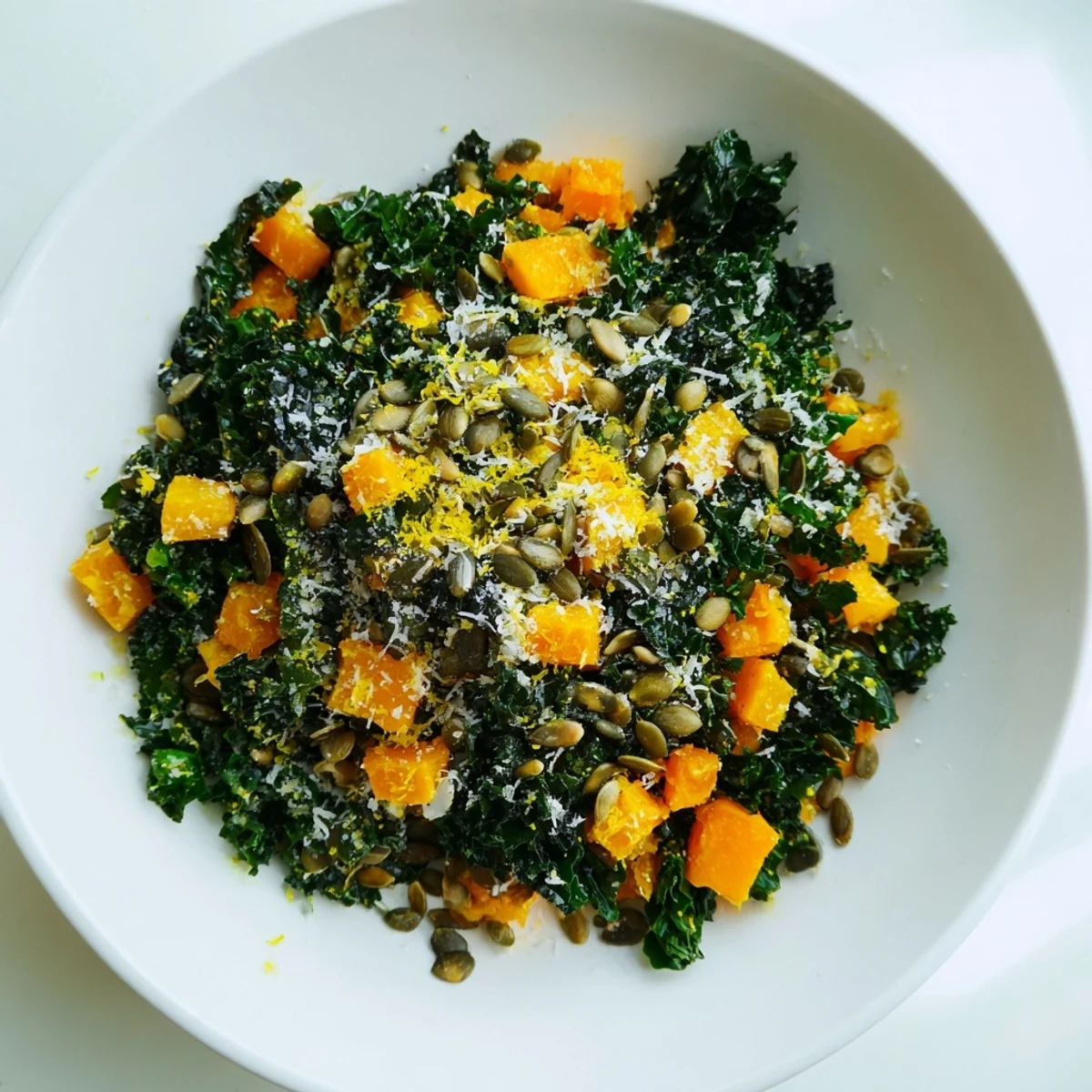 A vibrant bowl of Golden Winter Greens, showcasing tender squash, bright greens, and a sprinkle of Parmesan, perfect as a healthy side dish.
