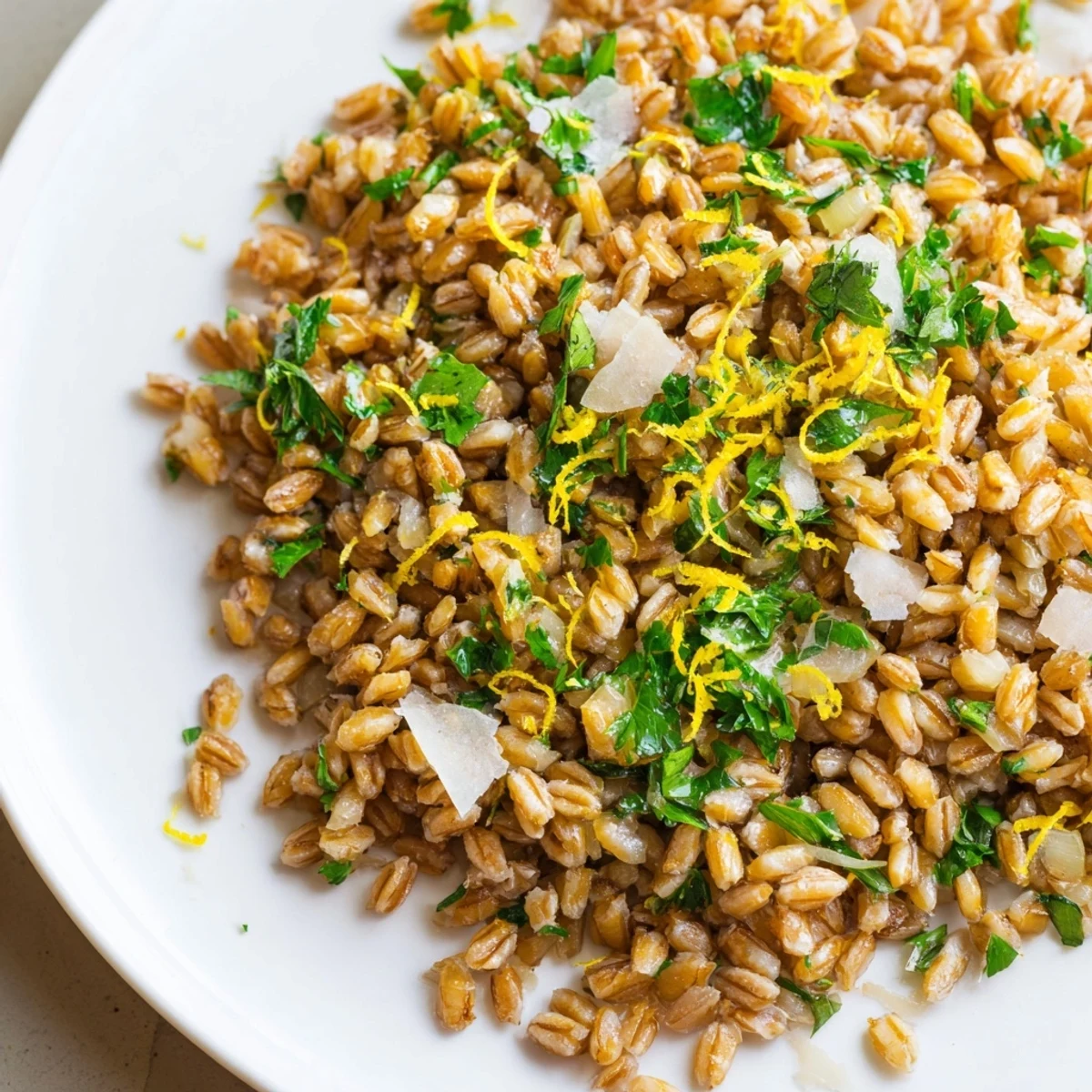 A close-up of Toasty Farro in a rustic bowl, garnished with fresh parsley, lemon zest, and a sprinkle of Parmesan.  