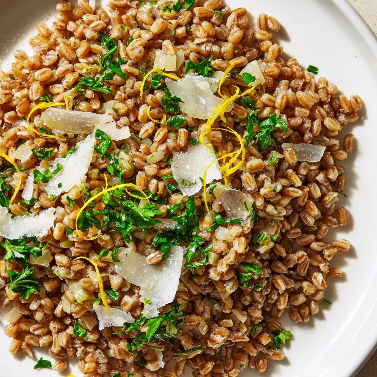Warm Toasty Farro steaming in a serving dish, paired with roasted vegetables for a wholesome Mediterranean side.  