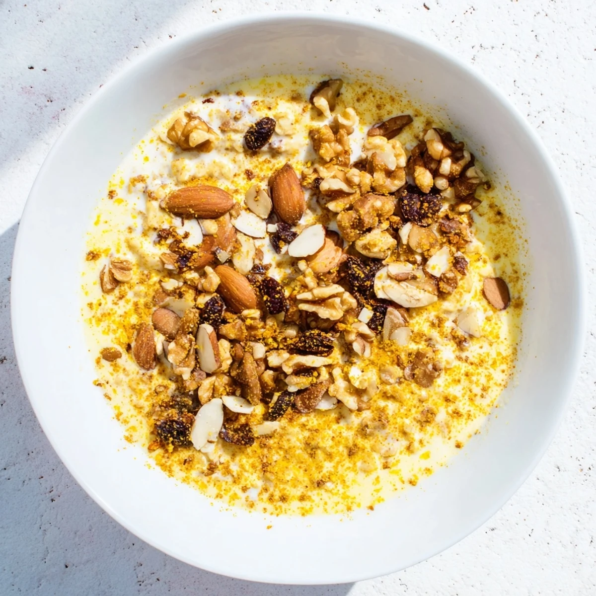 Steaming bowl of Golden Chai Oat, topped with toasted almonds and sweet dried apricots.