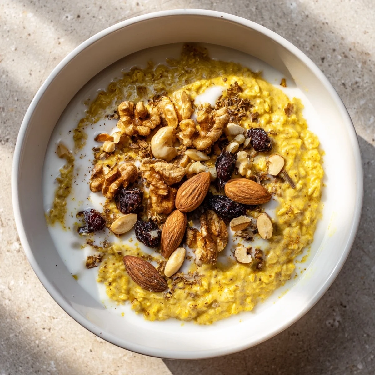 Golden Chai Oat in a rustic bowl, garnished with chia seeds and a creamy yogurt swirl.