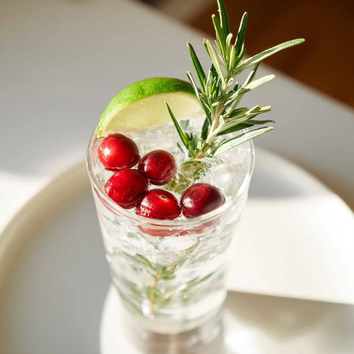 Vibrant Ginger Evergreen Mix in a glass with cranberries, sparkling bubbles, and fresh herbs for a festive, non-alcoholic sip.