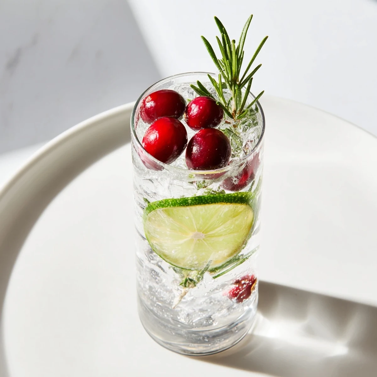 A refreshing Ginger Evergreen Mix mocktail garnished with rosemary sprigs and lime wheels on ice, perfect for winter gatherings.