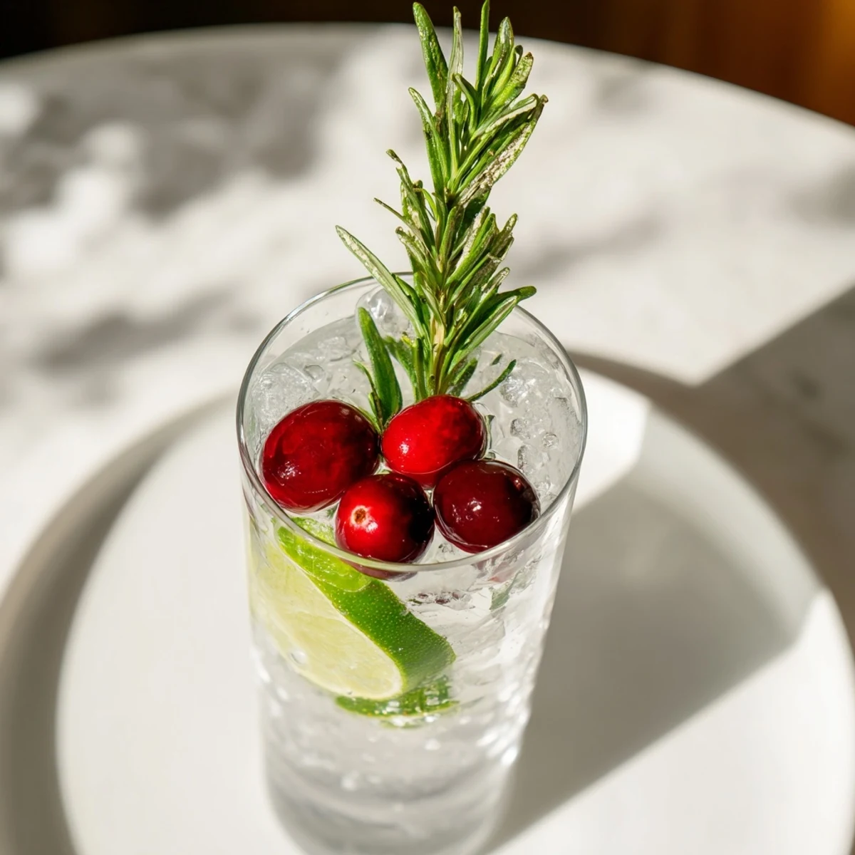 Close-up of a Ginger Evergreen Mocktail with crushed ice, lime wheels, and rosemary, capturing its herbaceous, zesty aroma.