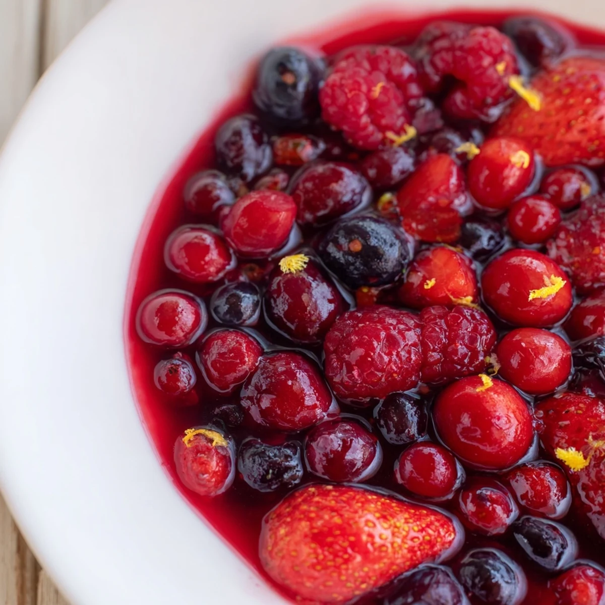 Freshly simmered Cranberry Berry Blend with tart cranberries and sweet blueberries in a rustic bowl.