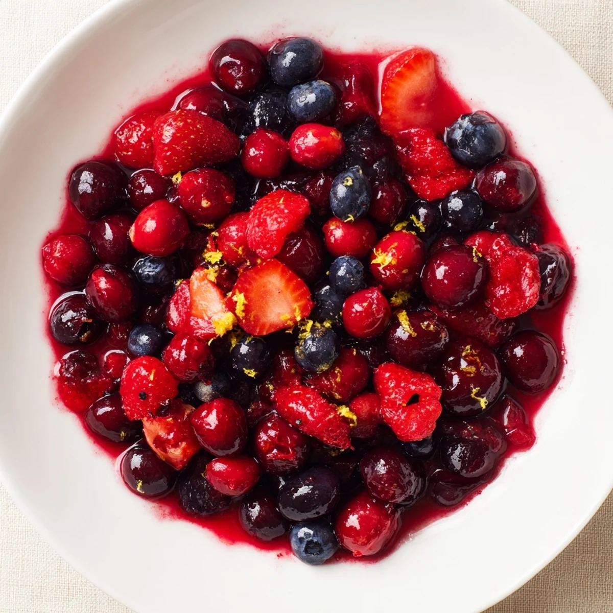 Homemade Cranberry Berry Blend with juicy strawberries and raspberries, served warm over pancakes.
