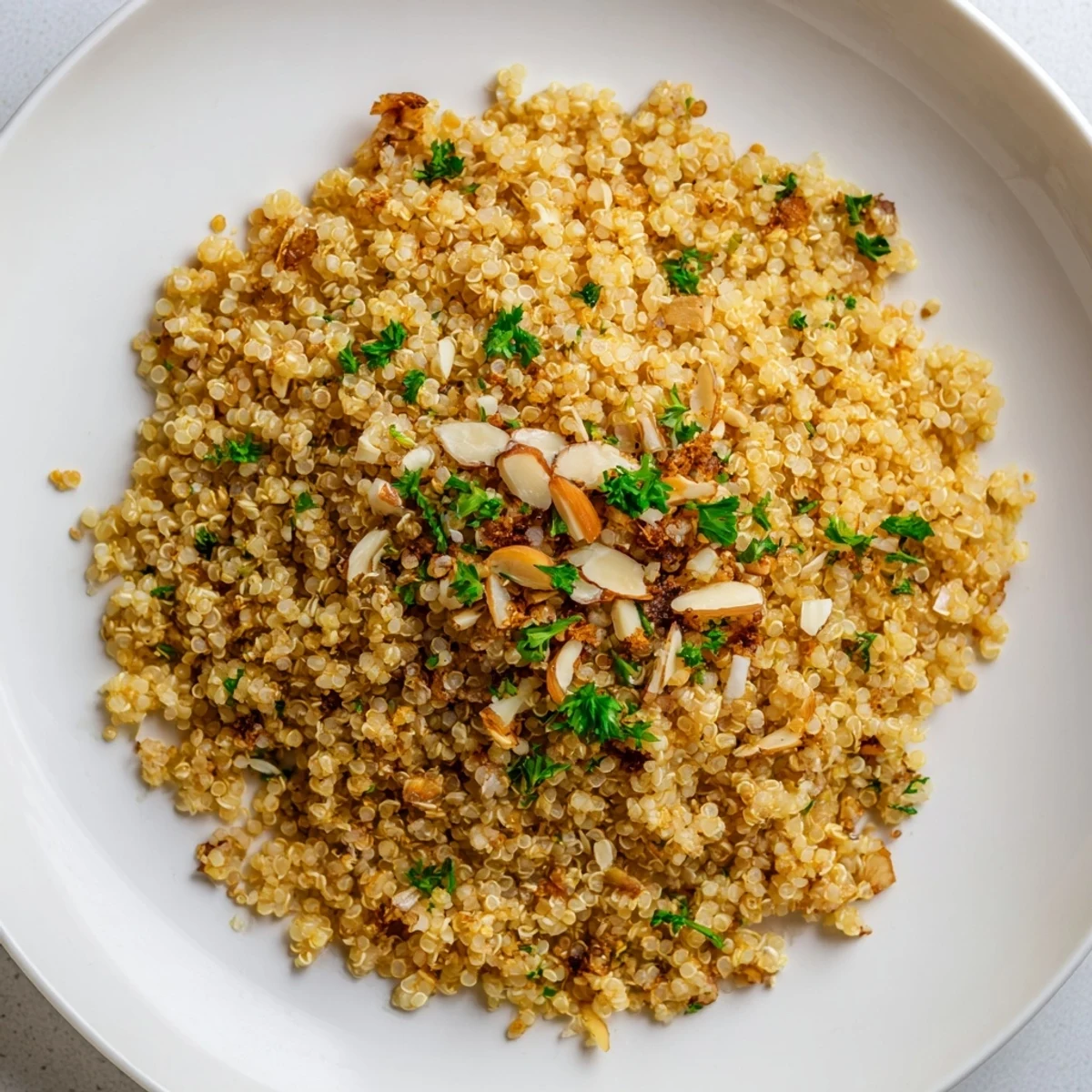 Steaming bowl of Toasty Quinoa garnished with fresh parsley and crunchy toasted almonds.