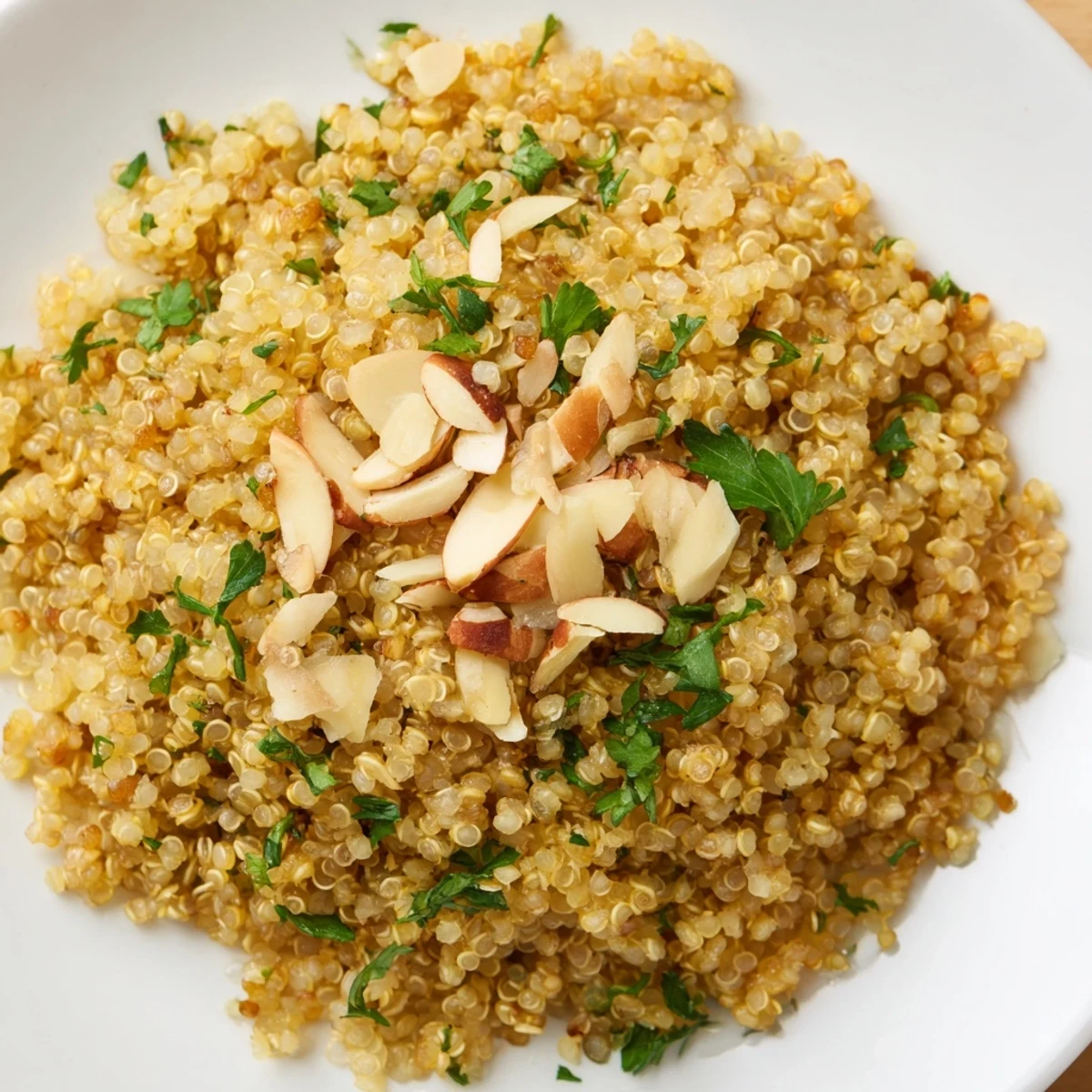Toasty Quinoa served warm beside grilled chicken and roasted vegetables for a healthy meal.