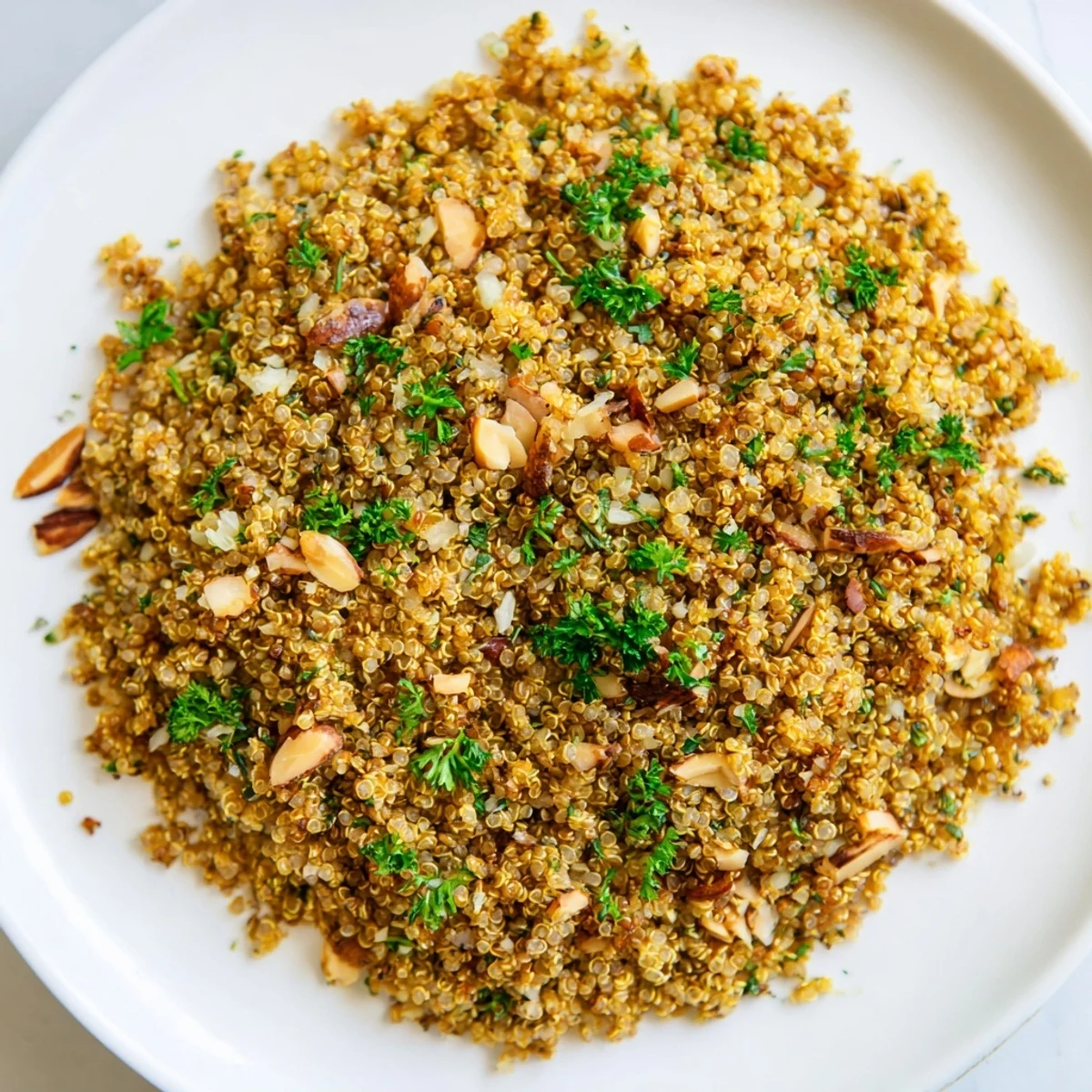 A fork lifts fluffy Toasty Quinoa from a white bowl, showing golden grains and herbs.
