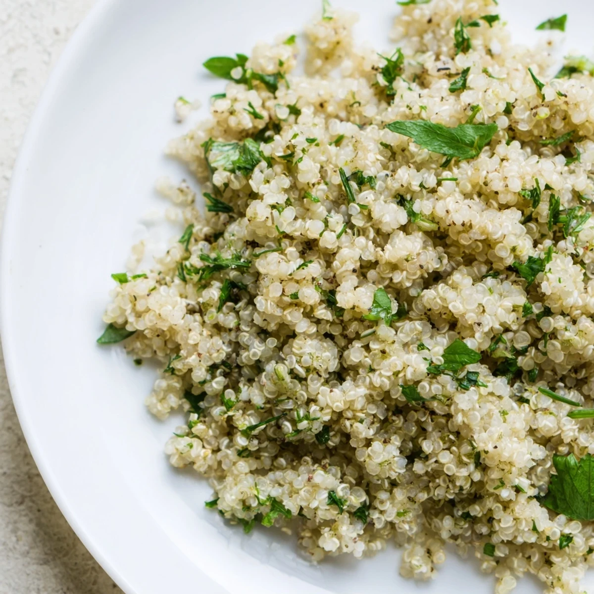 Fluffy Herbed Quinoa with fresh parsley and dill, served warm in a rustic bowl.