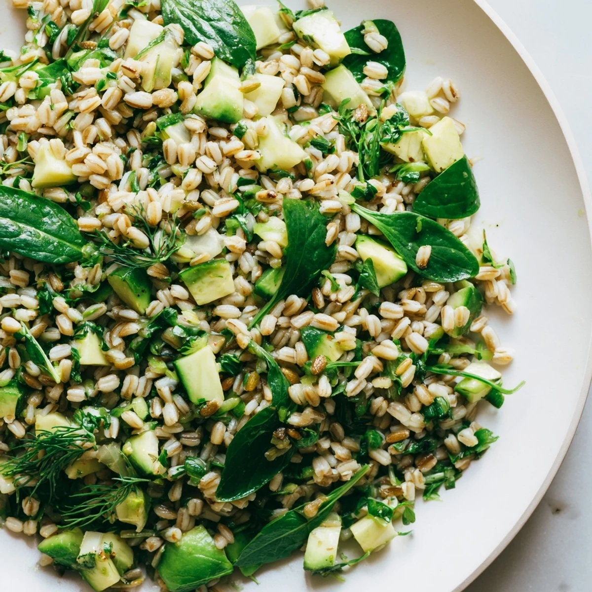 Vibrant Evergreen Barley Salad with fresh spinach and arugula leaves on a white plate.
